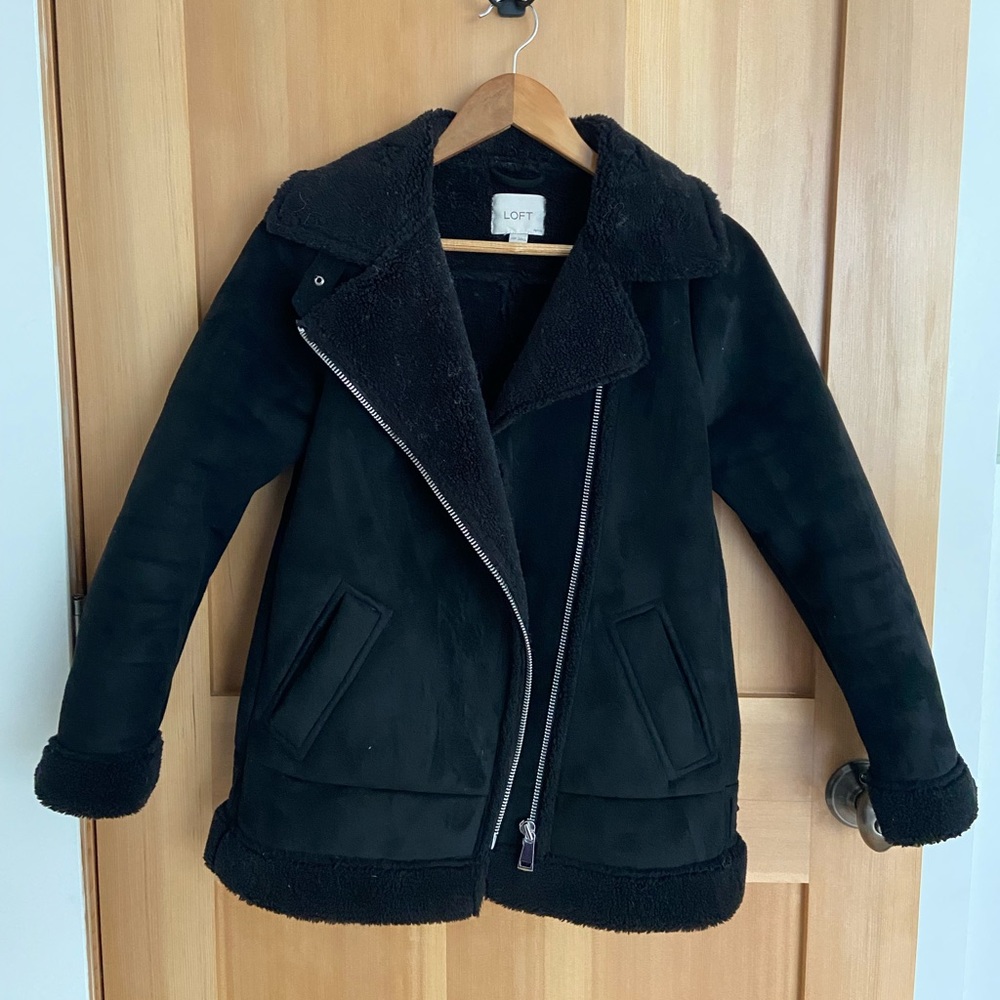 LOFT Petite black moto shearling suede aviator jacket XXSP